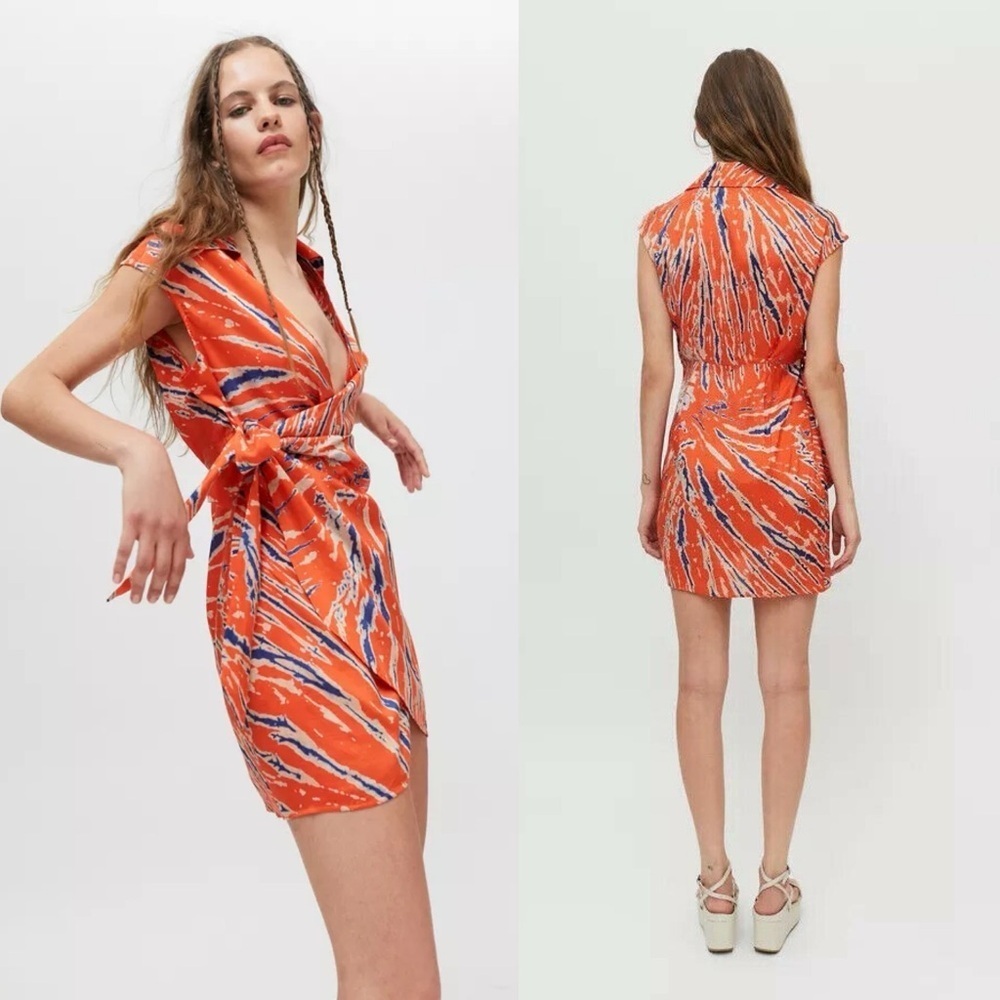 Urban Outfitters Medium Silver Sun Mini Wrap Dress Orange Blue Tie Dye
